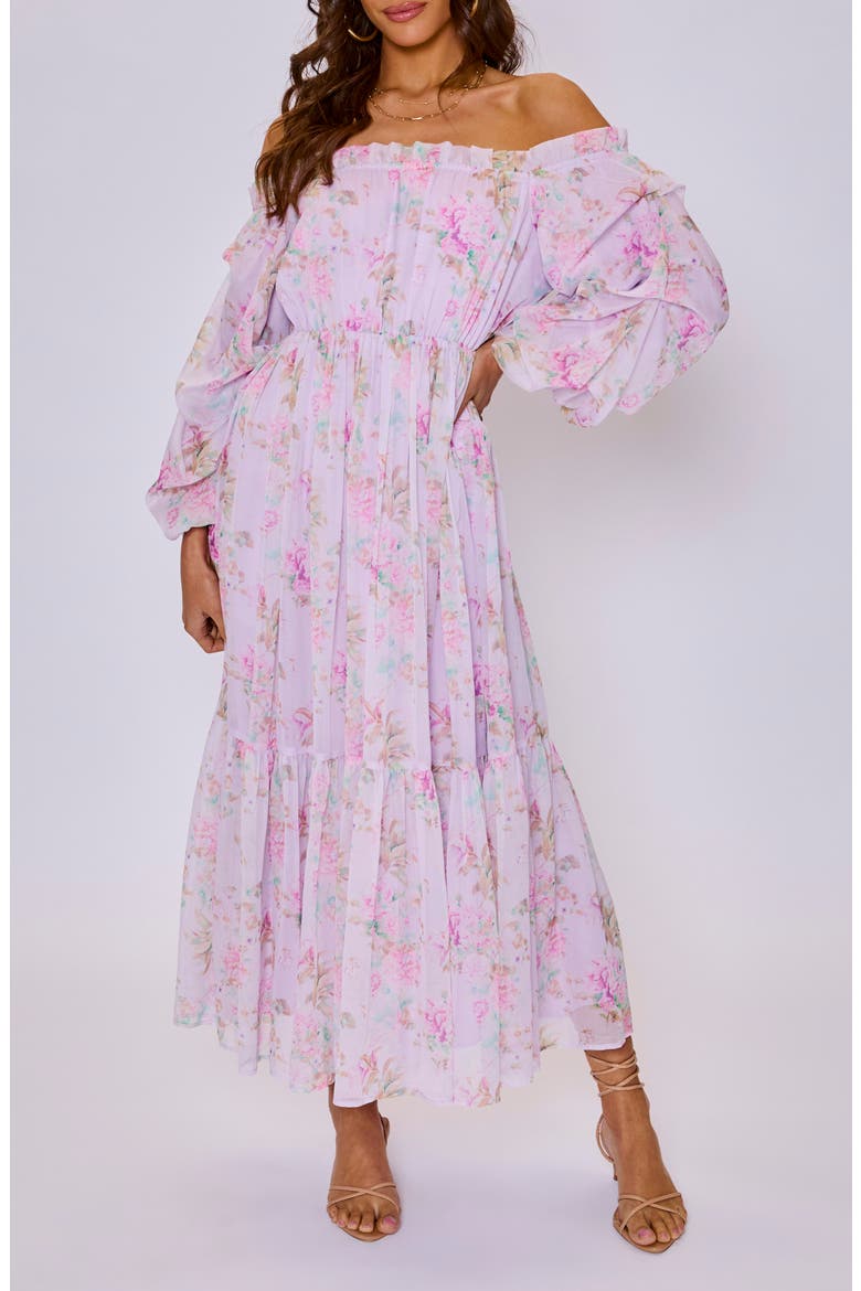 Meadow Floral Off the Shoulder Long Sleeve Maxi Dress, Main, color, LILAC PINK