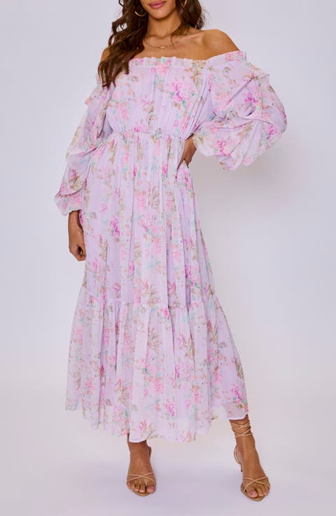 Meadow Floral Off the Shoulder Long Sleeve Maxi Dress