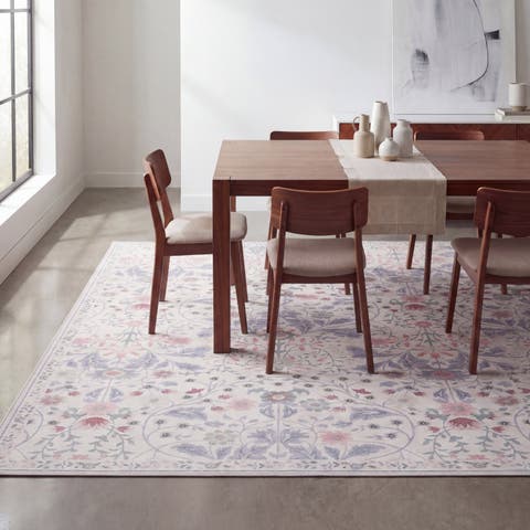 Primrose Art Nouveau Floral Border Non-Slip Machine-Washable Area Rug