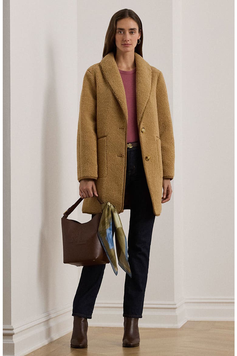 Shawl Collar Faux Shearling Coat, Alternate, color, CAMEL