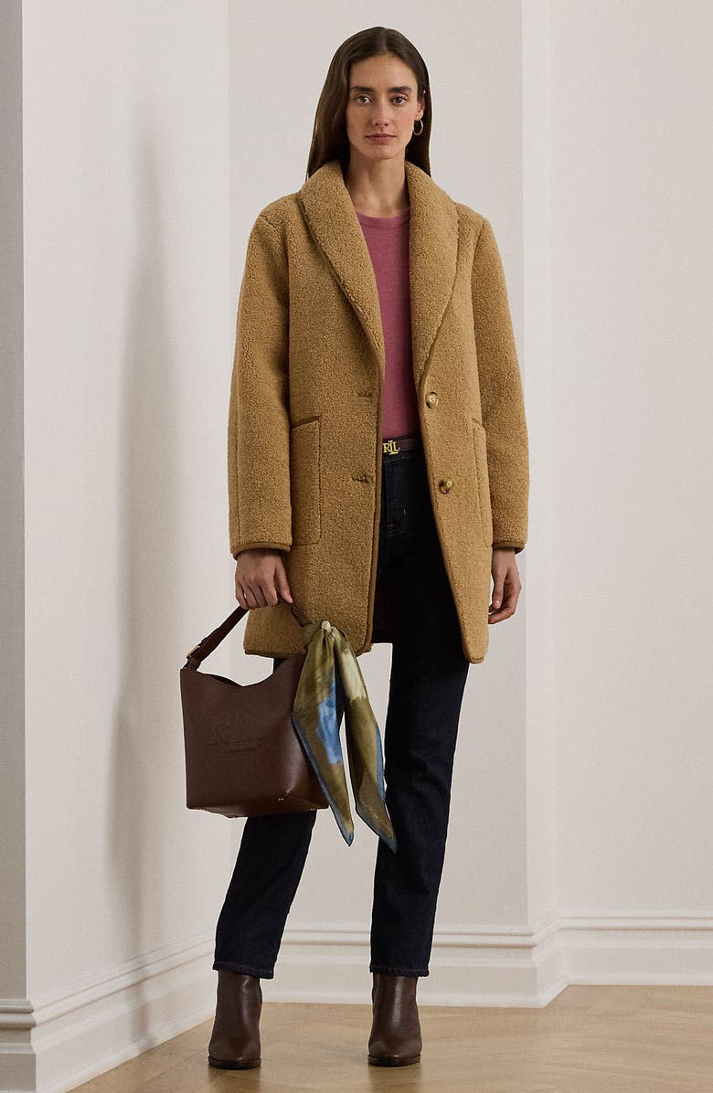 Lauren Ralph Lauren Shawl Collar Faux Shearling Coat, Alternate, color, Camel