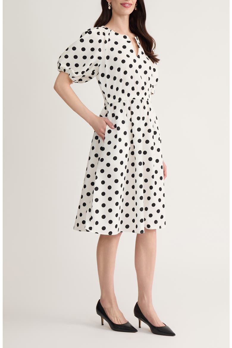Polka Dot Puff Sleeve Elastic Waist Stretch Cotton Dress, Alternate, color, LILY WHITE/ BLK