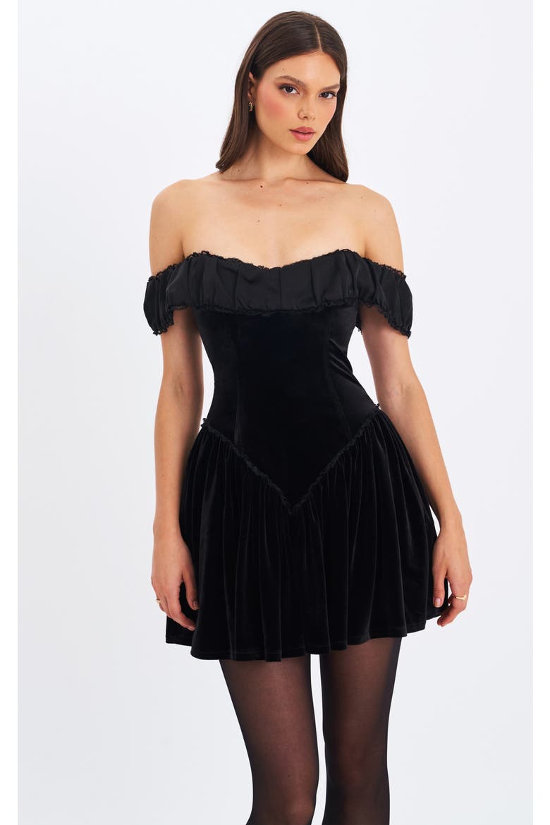 Daisha Lace Trimmed Off-Shoulder Ruched Mini Dress, Main, color, Black