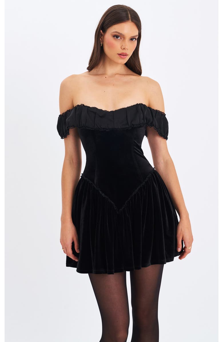 Miss Circle Daisha Lace Trimmed Off-Shoulder Ruched Mini Dress, Main, color, Black