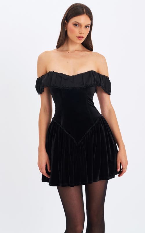Miss Circle Daisha Lace Trimmed Off-shoulder Ruched Mini Dress In Black
