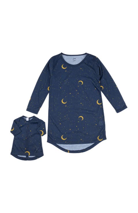 Girls Long Sleeve Nightgown with Matching Doll Nightgown, Printed Design