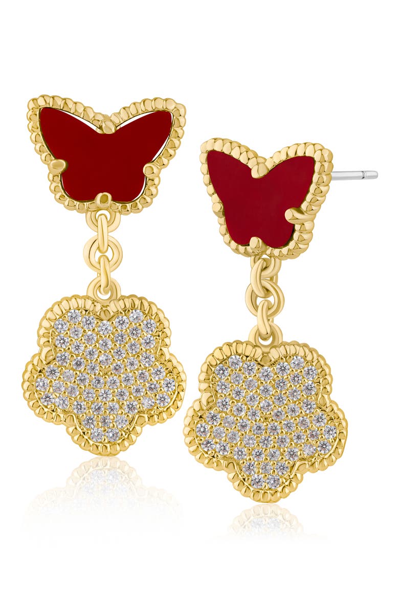 Cubic Zirconia Pavé Butterfly Clover Drop Earrings, Main, color, RED/GOLD