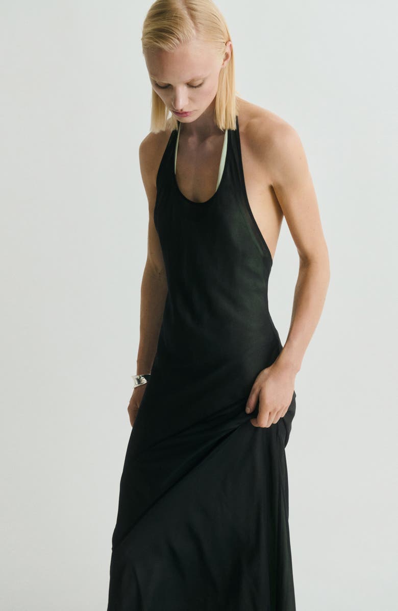 MANGO Sheer Layered Halter Dress, Alternate, color, Black
