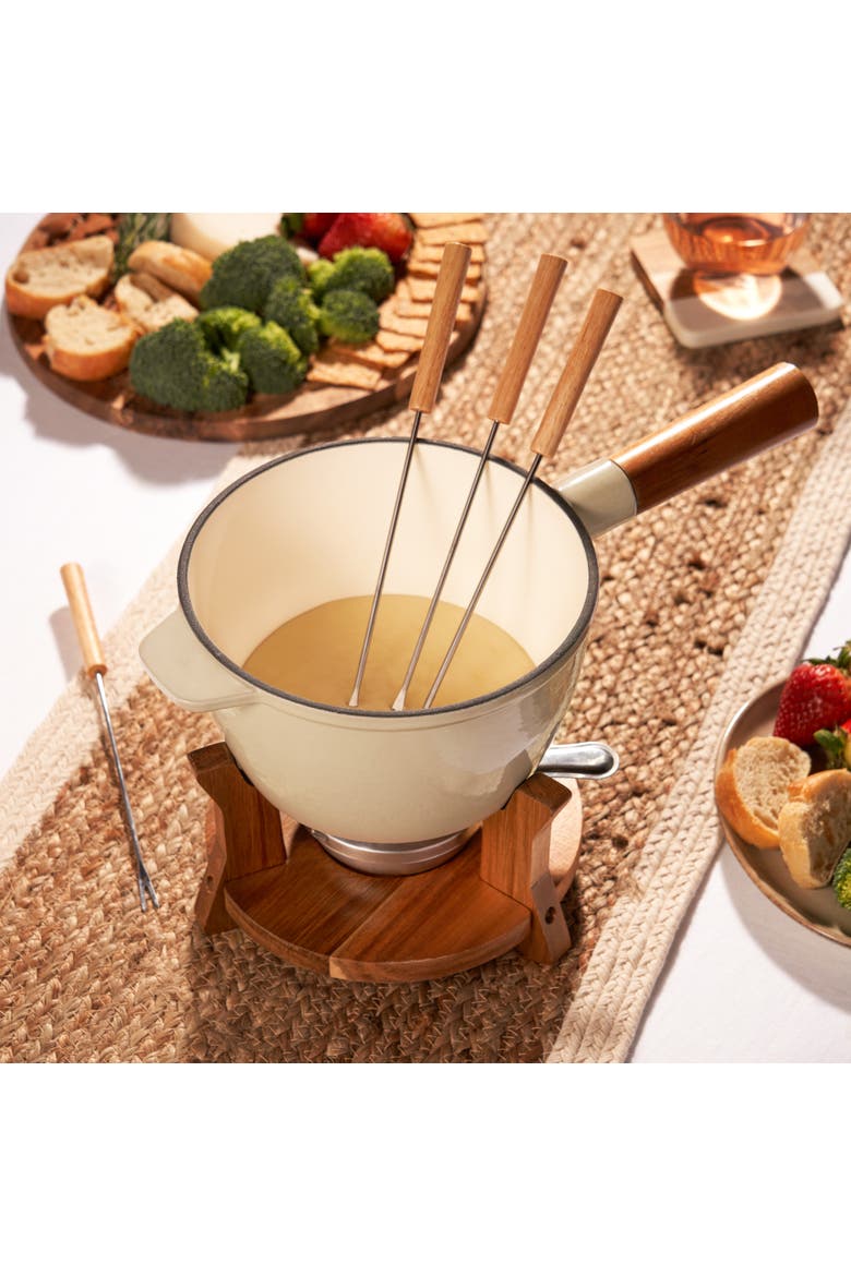 Wood and Cast Iron Fondue Set in Beige, Alternate, color, Beige