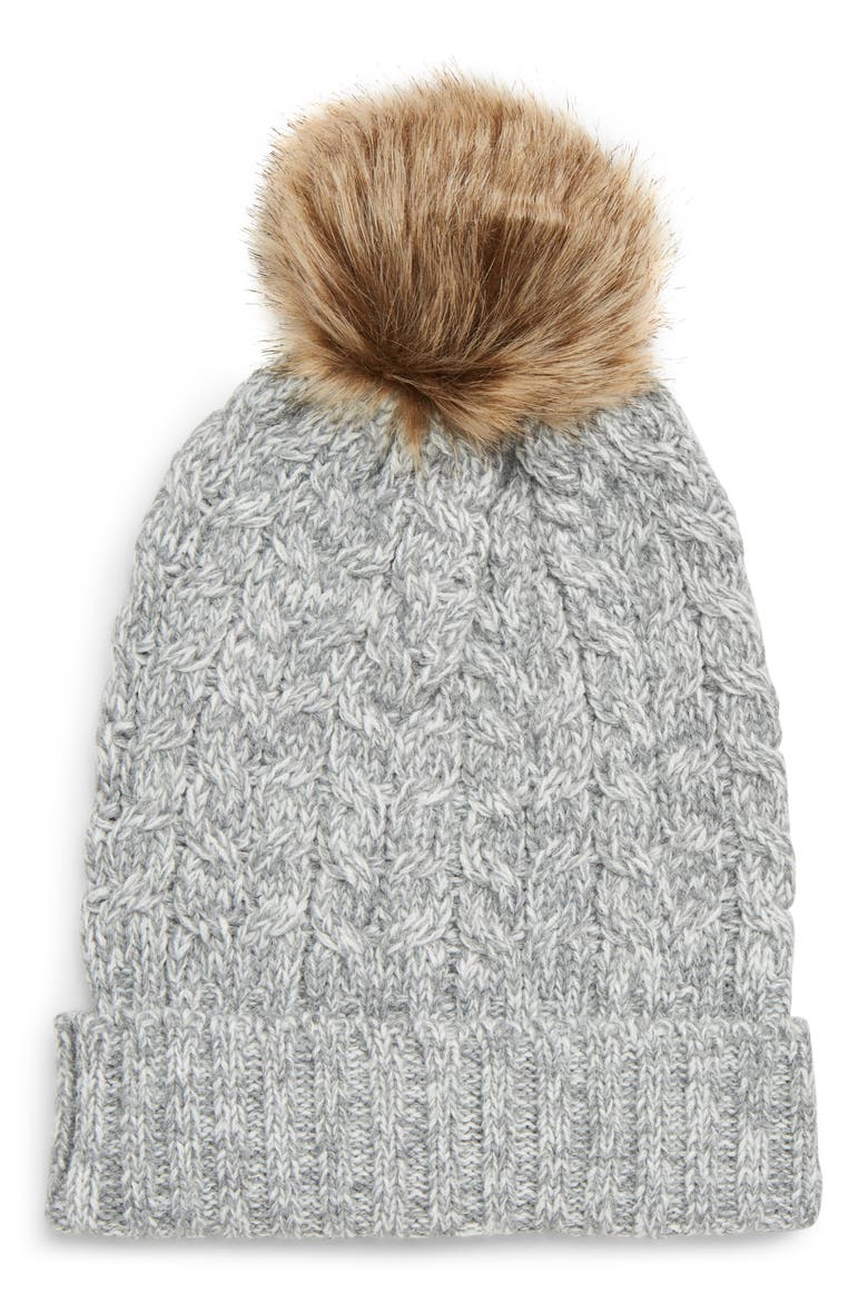 Cable Knit Beanie with Faux Fur Pom, Main, color, GREY