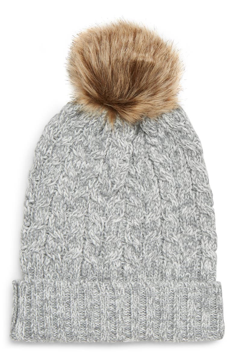 Sole Society Cable Knit Beanie with Faux Fur Pom, Main, color, 