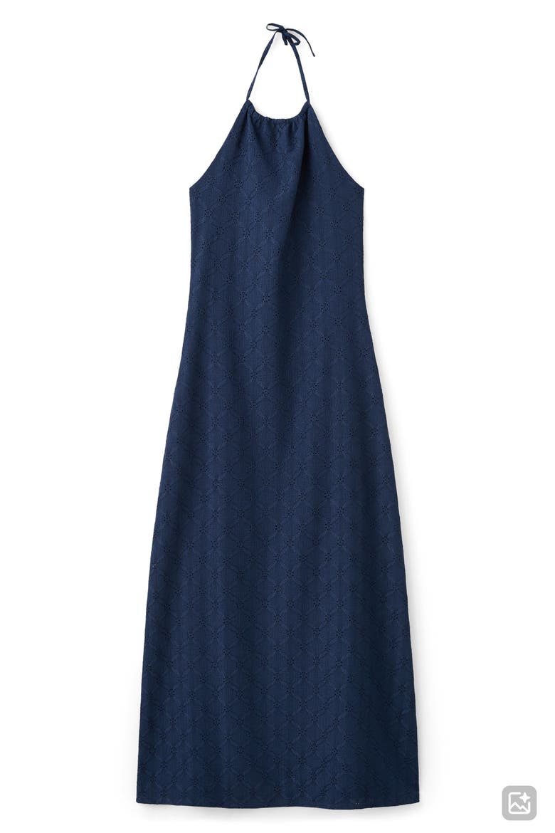 Embroidered Halter Neck Denim Maxi Dress, Alternate, color, NAVY