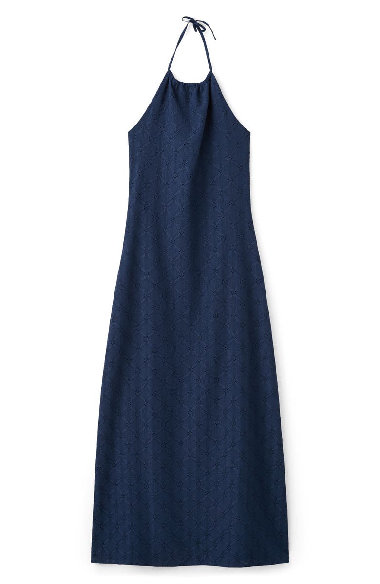 MANGO TEEN Embroidered Halter Neck Denim Maxi Dress, Alternate, color, Navy