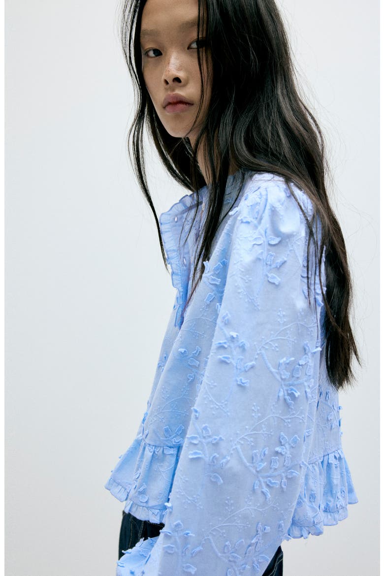 Embroidered Ruffle Peplum Cotton Button-Up Top, Alternate, color, BLUE