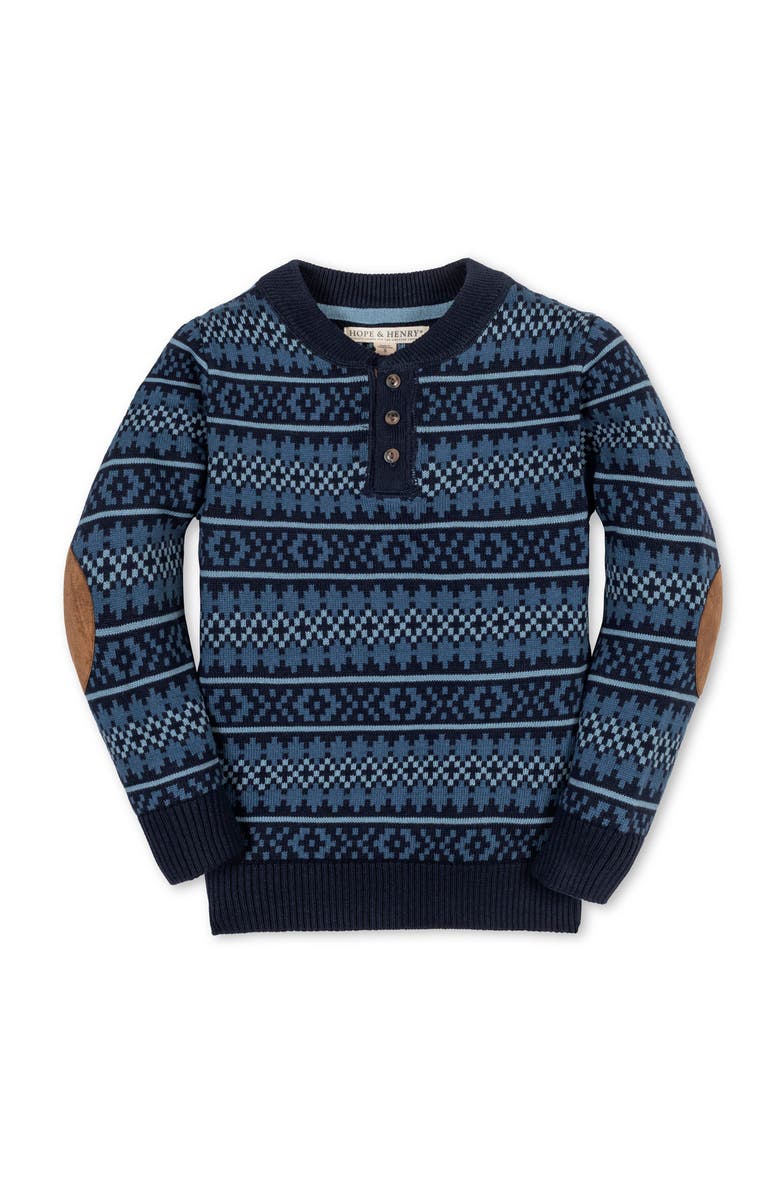 Hope & Henry Kids' Organic Long Sleeve Henley Pullover Sweater with Elbow Patches, Main, color, Twilight Fair Isle