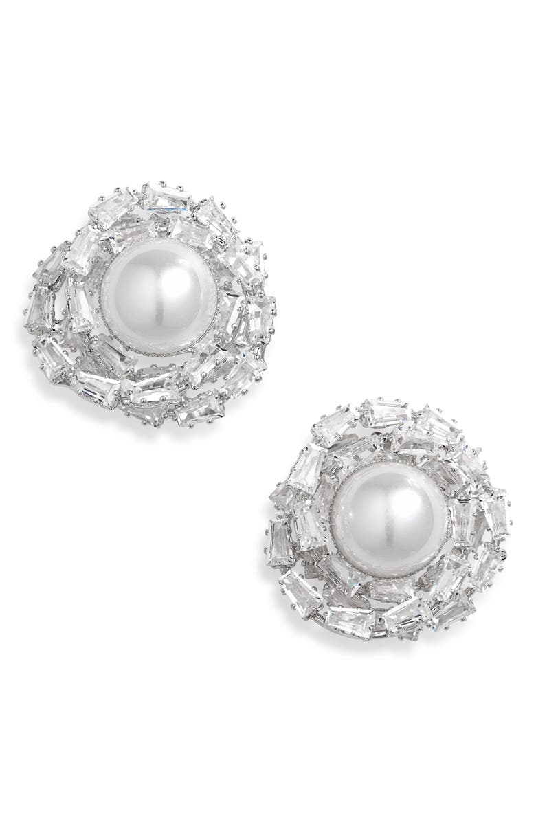 Tasha Faux Pearl & CZ Cluster Stud Earrings, Main, color, Silver Pearl