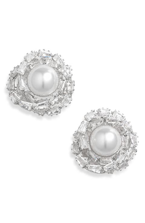 Faux Pearl & CZ Cluster Stud Earrings