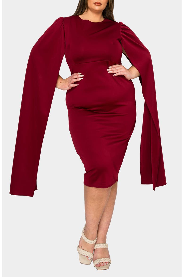 Naomi Cape Sleeve Midi Dress, Main, color, BURGUNDY