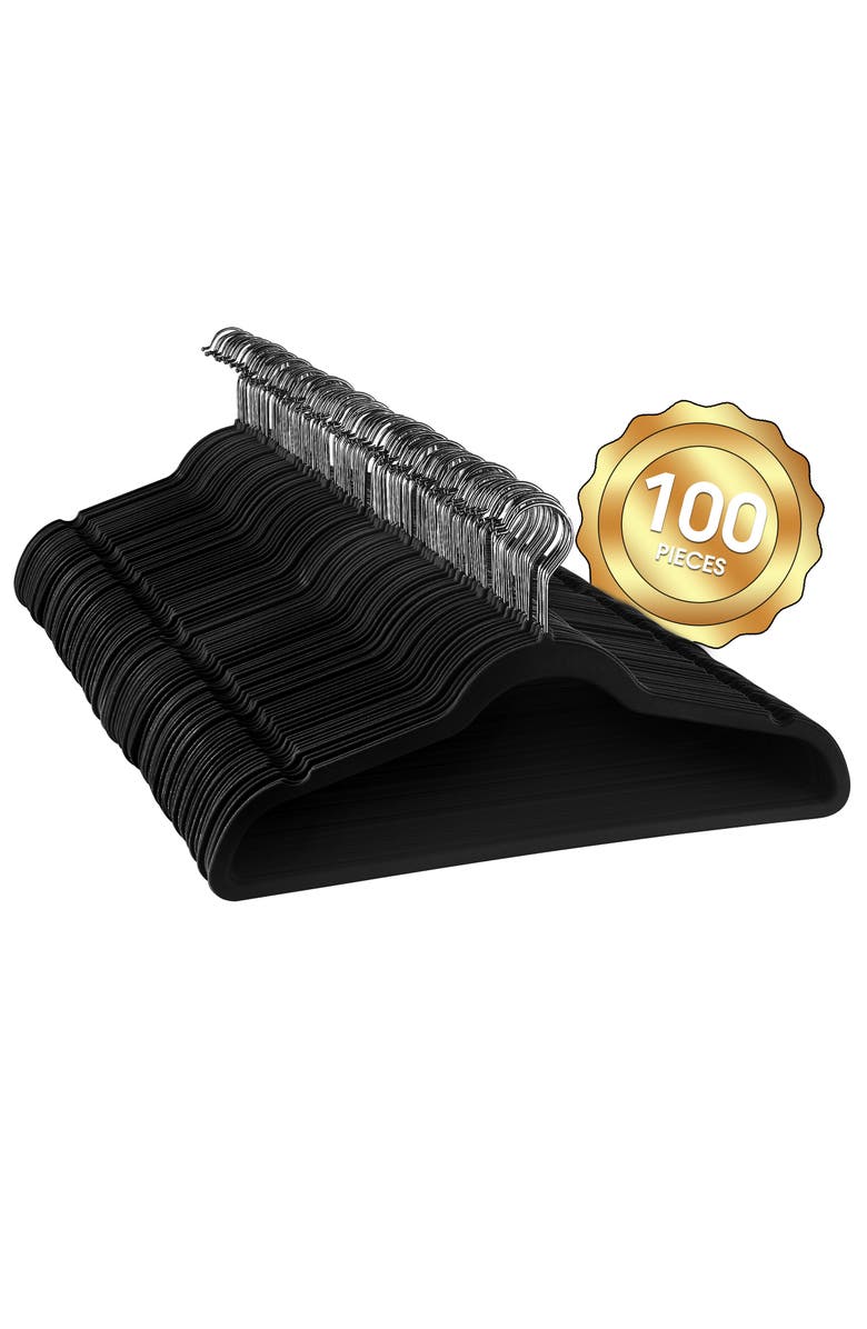 Elama 100 Piece Set of Velvet Slim Profile Heavy Duty Felt Hangers with Stainless Steel Swivel Hooks, Main, color, Black