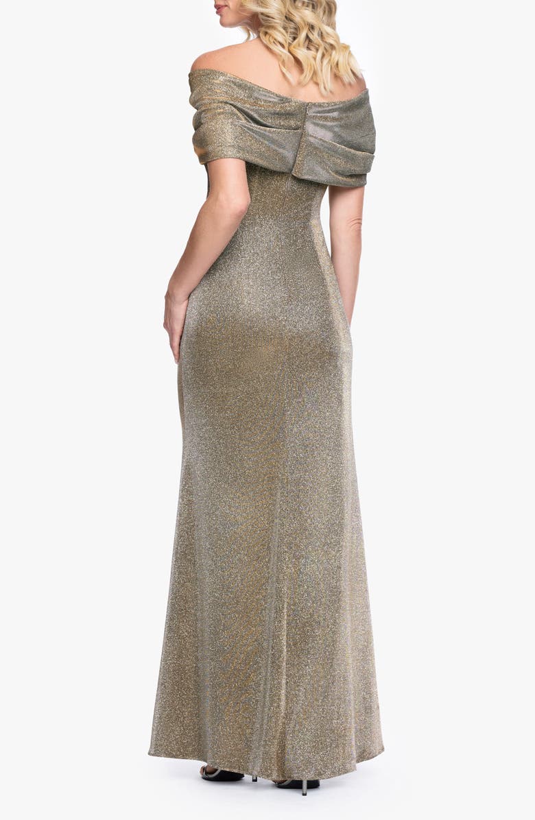 Betsy & Adam Galaxy Metallic Twist Detail Off the Shoulder Gown, Alternate, color, Sand