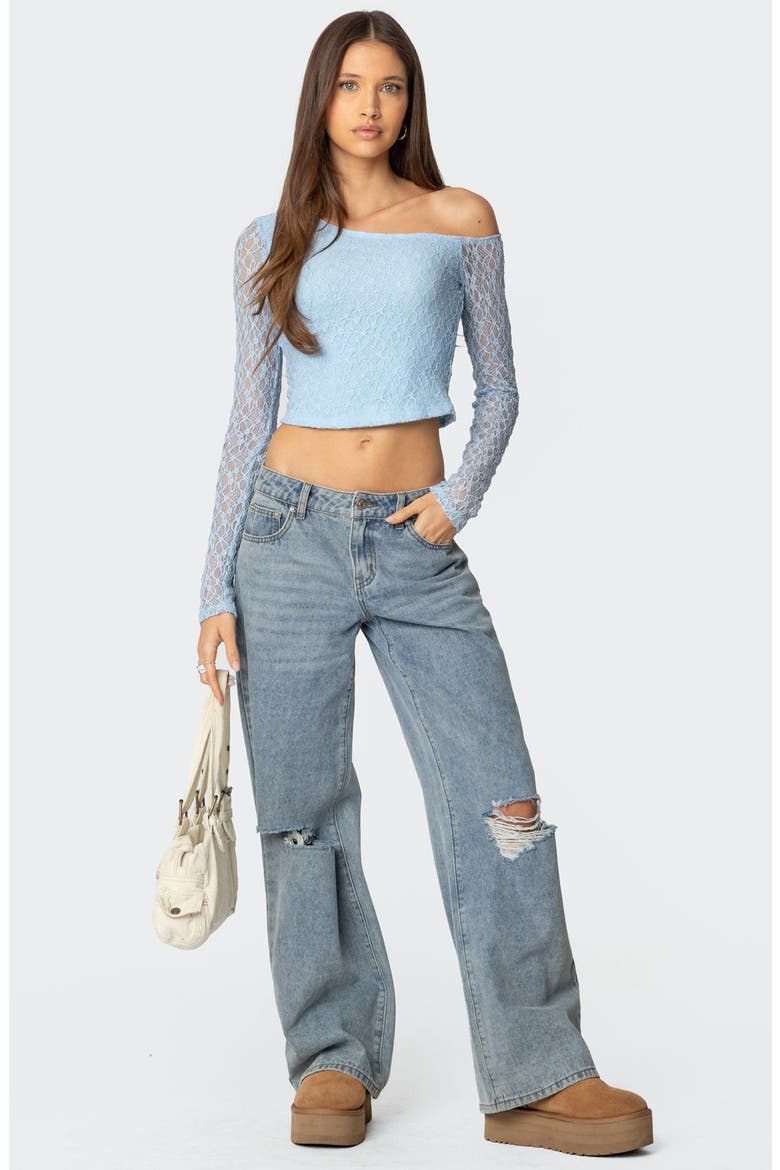 Fabia One-Shoulder Long Sleeve Lace Crop Top, Alternate, color, LIGHT-BLUE