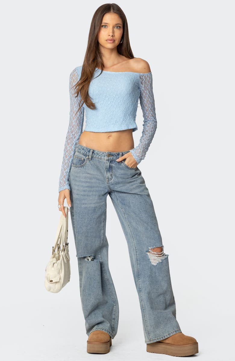 EDIKTED Fabia One-Shoulder Long Sleeve Lace Crop Top, Alternate, color, Light-Blue