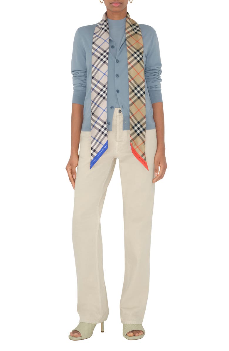 Burberry Check Silk Skinny Scarf, Alternate, color, Pewter/ Skylark