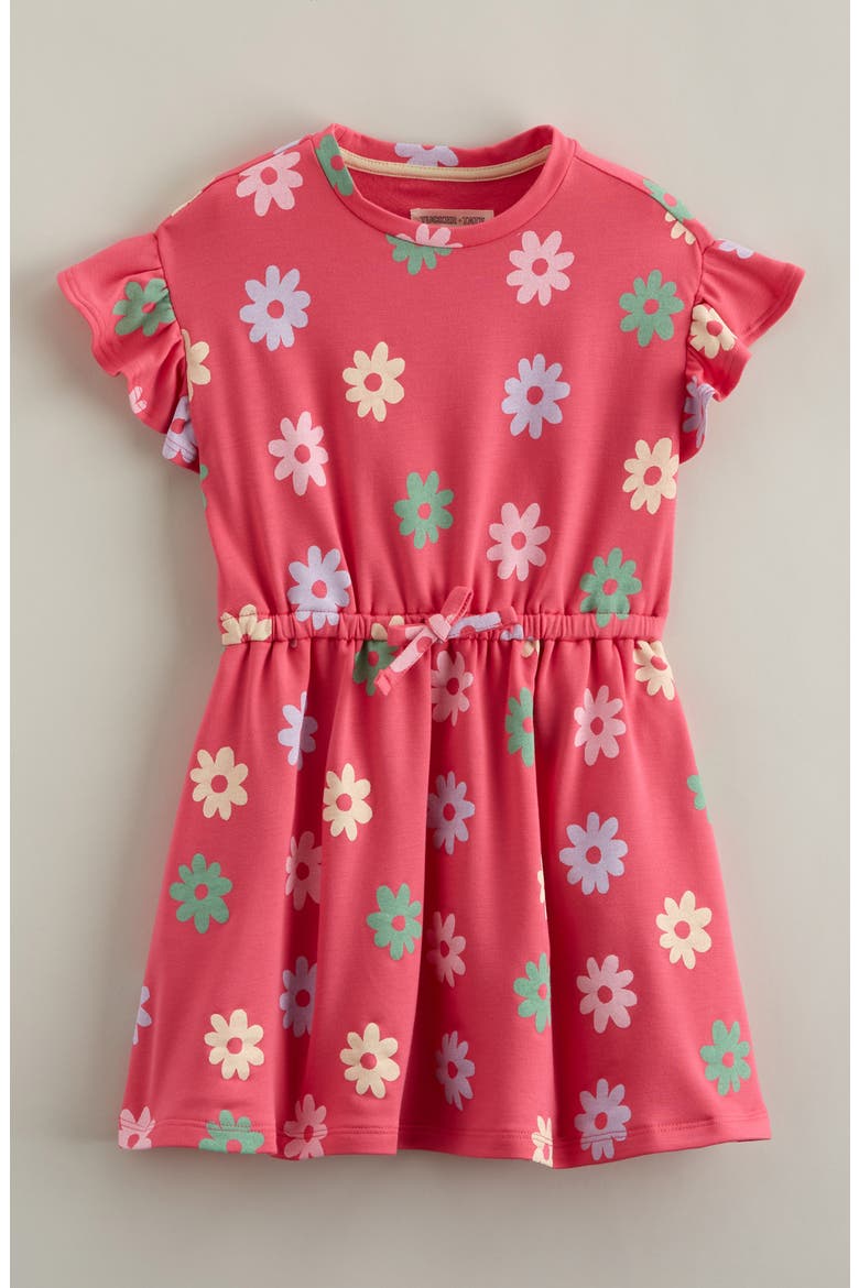 Kids' Print Flutter Sleeve Fleece Dress, Main, color, PINK FLAMBE RAINBOW DAISY