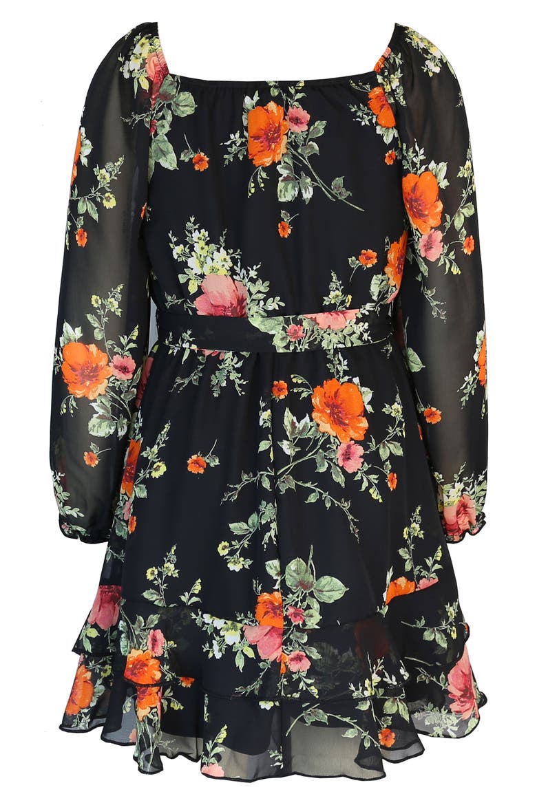 Kids' Floral Chiffon Dress, Alternate, color, BLACK/ ROSE/ ORANGE
