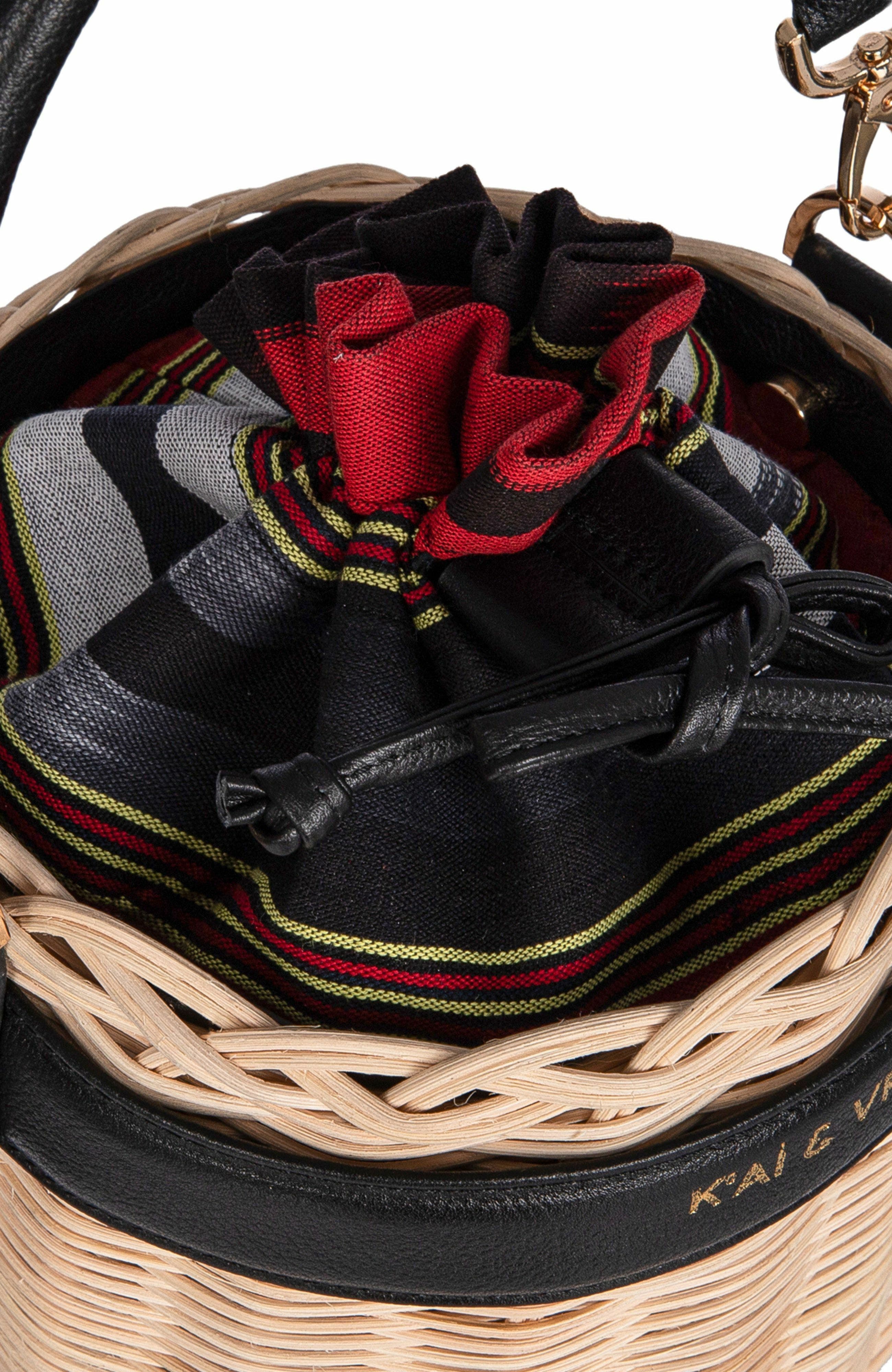 K'ai & Vrosi Leather & Straw Bucket Bag with Drawstring, Alternate, color, Black