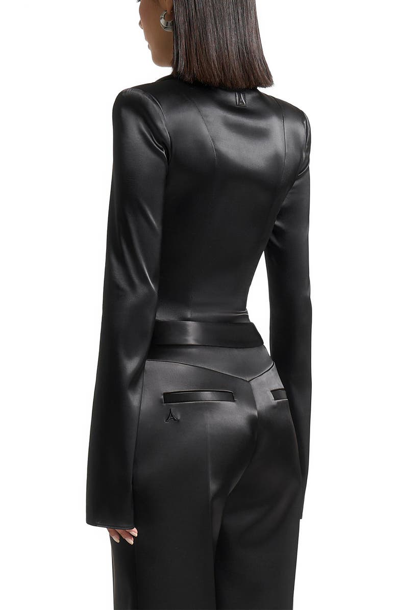 Manière De Voir Louise Wide Shoulder Satin Shirt Bodysuit, Alternate, color, Black