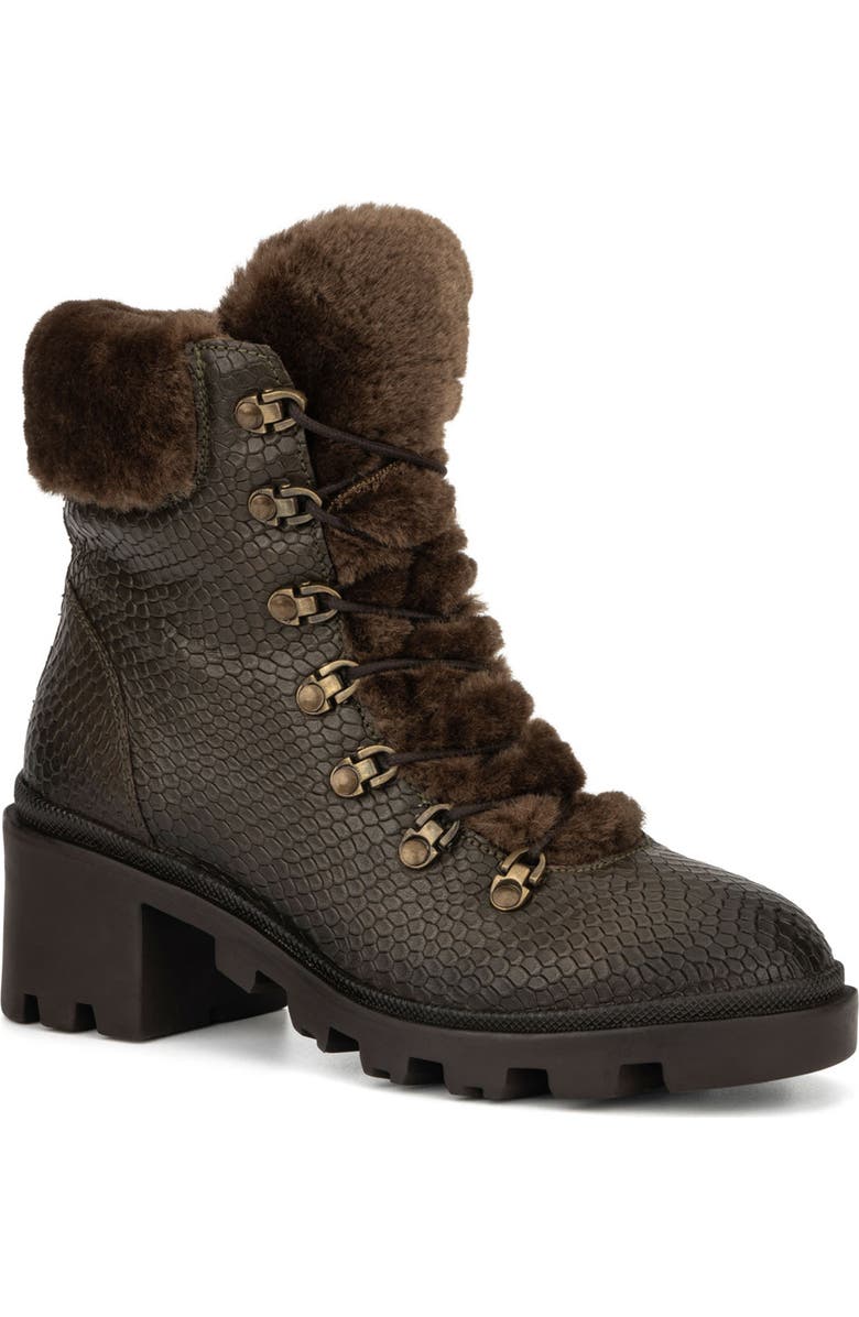 VINTAGE FOUNDRY Regina Faux Fur Trimmed Snake Embossed Boot, Main, color, Army Green