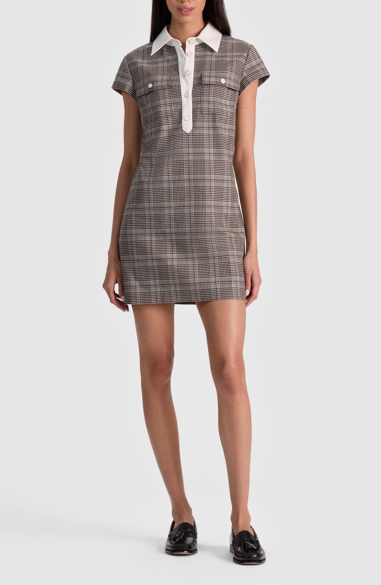 Alice + Olivia Darby Plaid Contrast Detail Minidress, Main, color, Dark Chocolate/ Off White