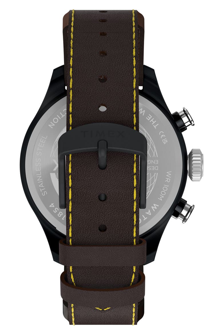 Waterbury Ace Fly-Back Chronograph Leather Strap Watch, Alternate, color, BLACK