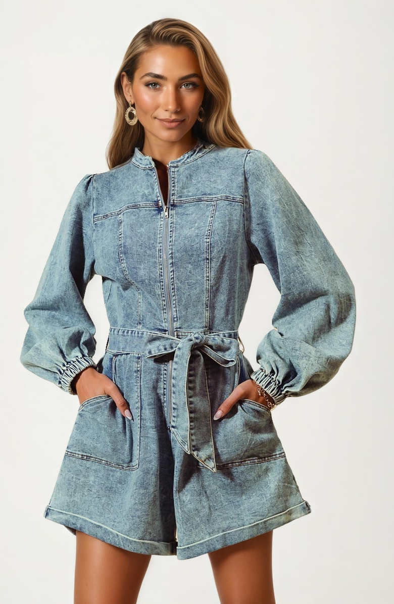 Knit and Lounge Long Sleeve Belted Front Zip Denim Romper, Alternate, color, 