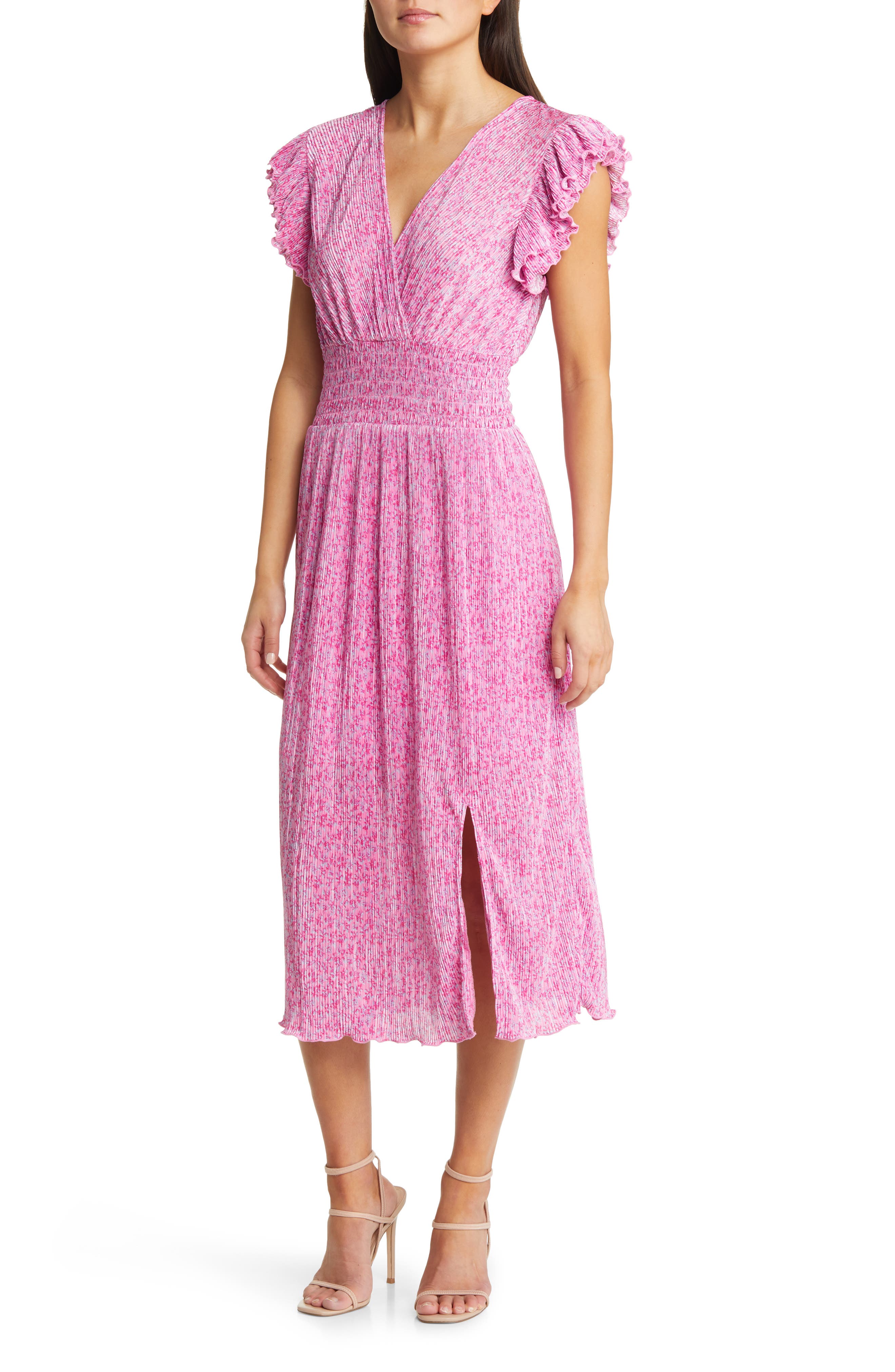 Chelsea28 Flutter Sleeve Plissé Midi Dress