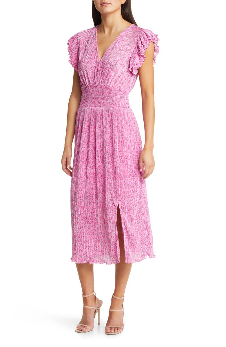 Chelsea28 Flutter Sleeve Plissé Midi Dress, Main, color, Pink- Blue Butterfly Blooms