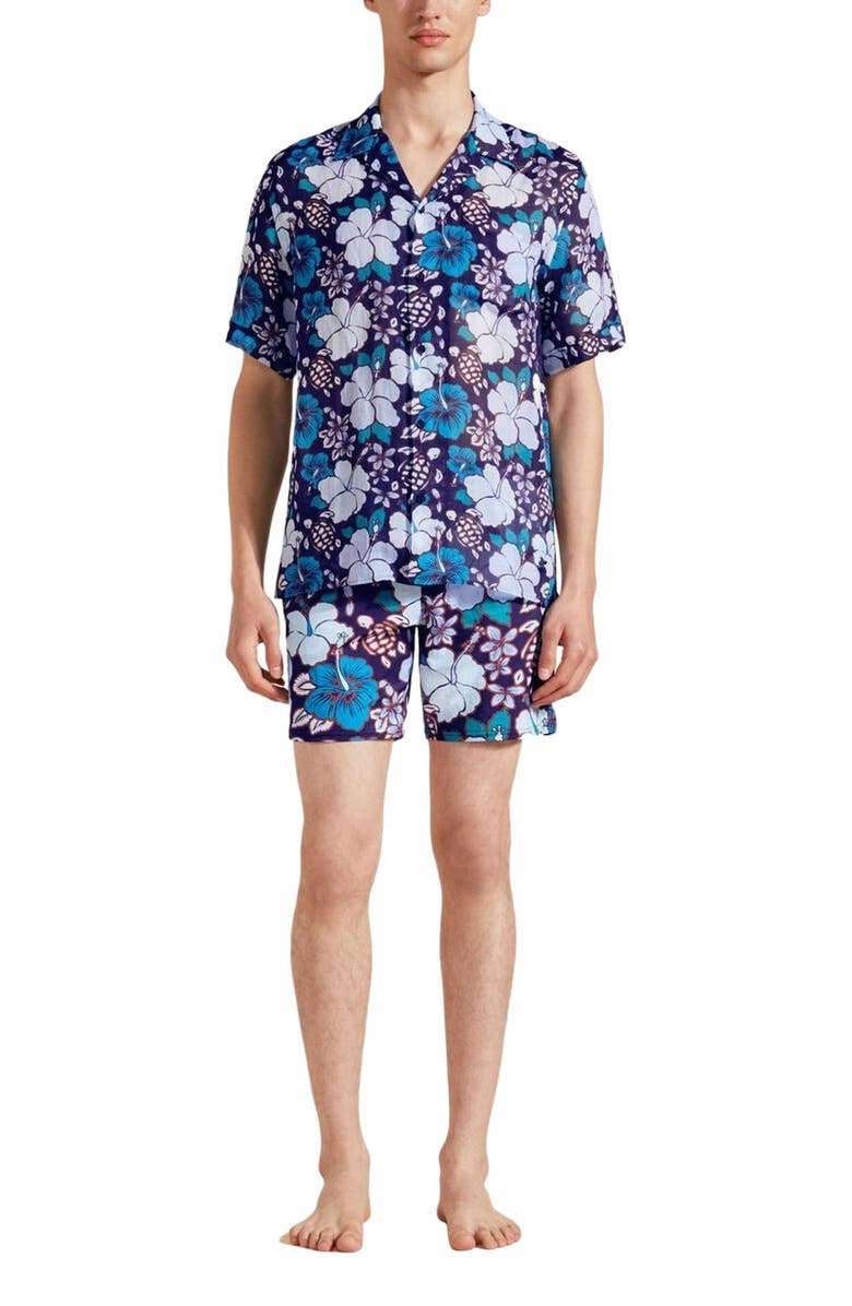 Vilebrequin Men's Bowling Linen Tropical Turtles Shirt, Alternate, color, Minuit