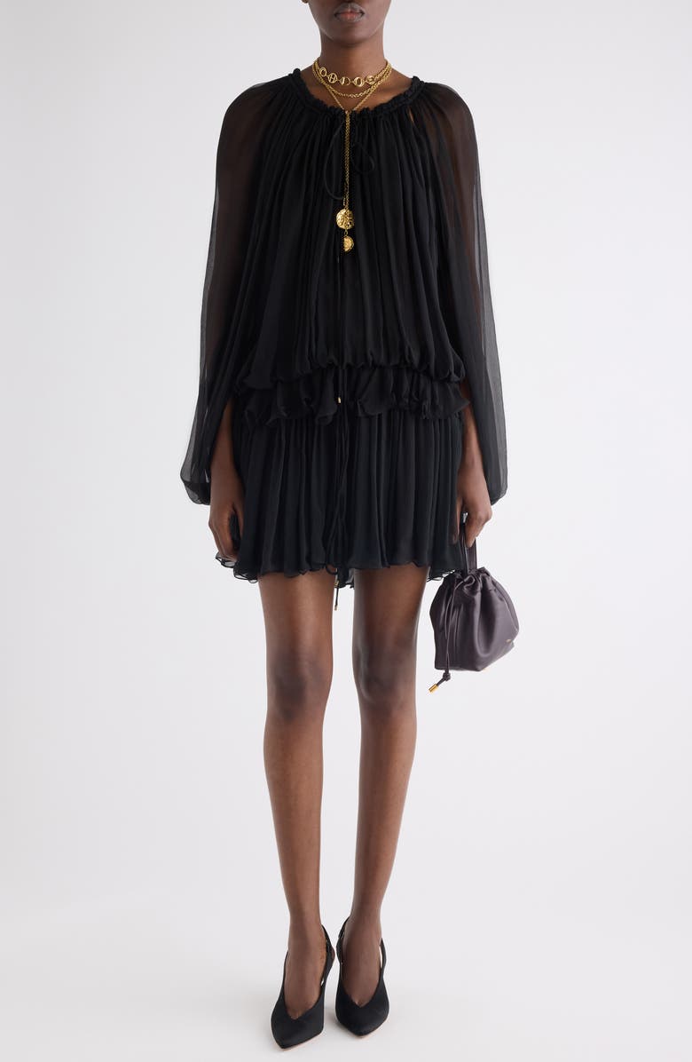 Chloé Long Sleeve Organic Silk Muslin Cape Minidress, Alternate, color, Black