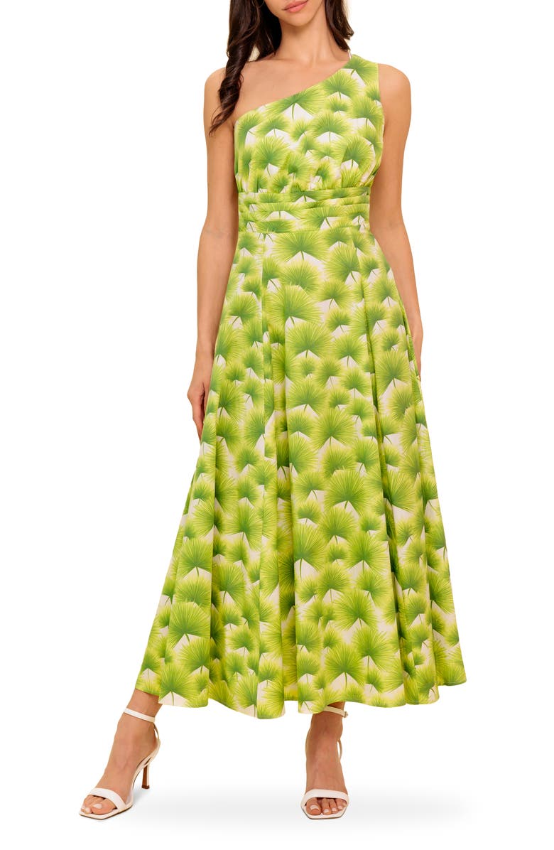 FLYING TOMATO One Shoulder Print Midi Dress, Main, color, Ivory Green