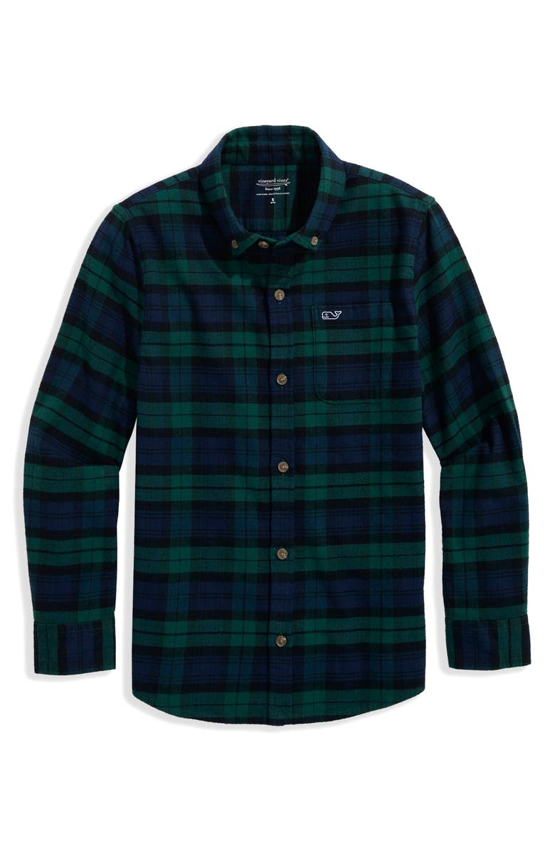 vineyard vines Kids' Frostpine Plaid Stretch Cotton Flannel Button-Down Shirt, Main, color, Charleston Green