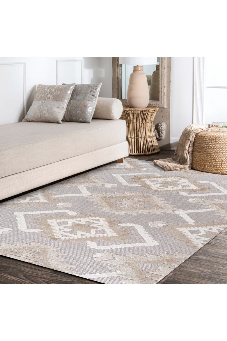Sumak High-Low Pile Neutral Diamond Kilim Indoor/Outdoor Area Rug, Alternate, color, Beige/Gray