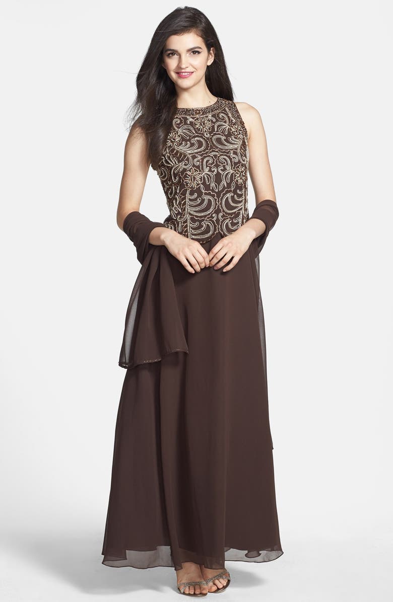 J Kara Embellished Bodice Chiffon Gown with Shawl, Main, color,