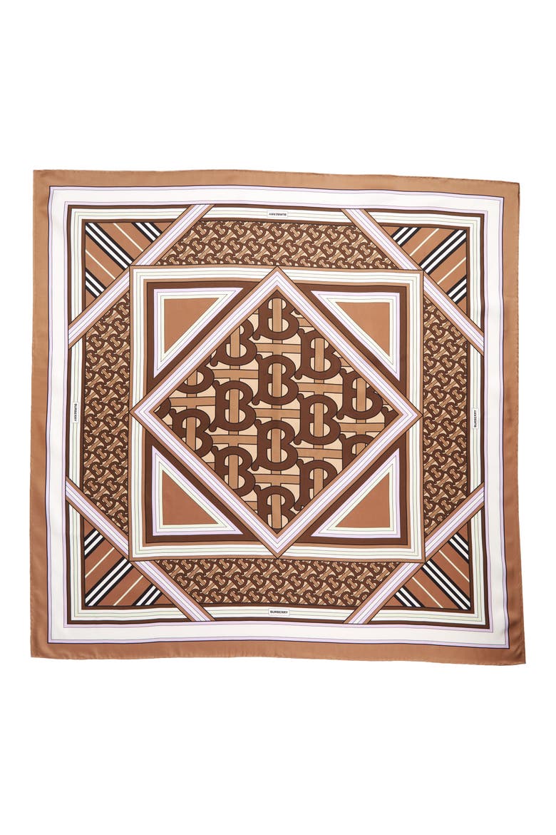 TB Monogram Silk Square Scarf, Main, color, BRIDLE BROWN