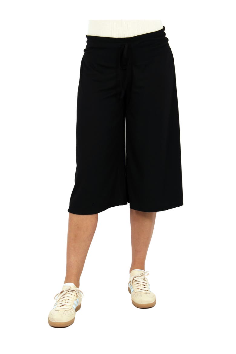 Womens Basic Ribbed Knit Drawstring Flared Capri Pants, Main, color, Black