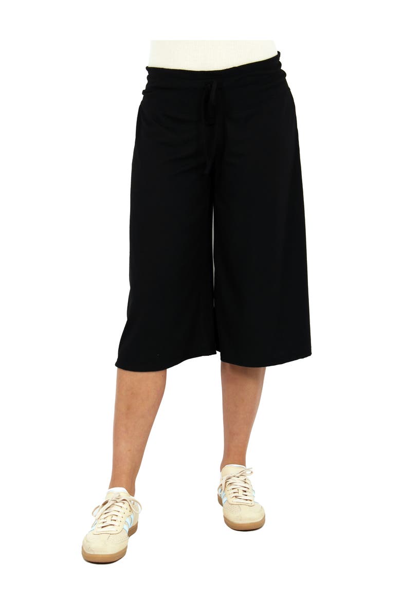 24seven Comfort Apparel Womens Basic Ribbed Knit Drawstring Flared Capri Pants, Main, color, Black