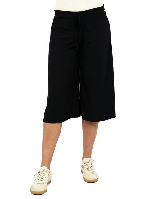 Womens Basic Ribbed Knit Drawstring Flared Capri Pants