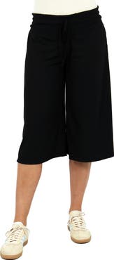 24seven Comfort Apparel Womens Basic Ribbed Knit Drawstring Flared Capri Pants