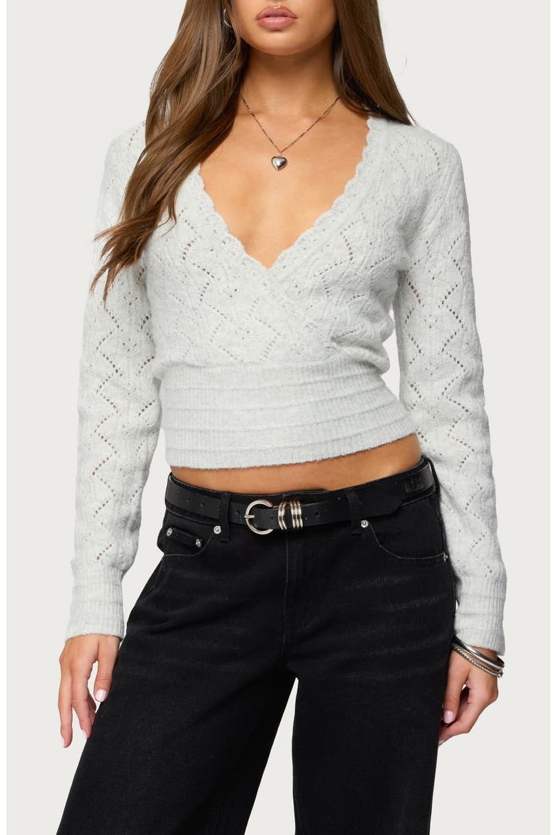 Janine Pointelle V-Neck Crop Sweater, Main, color, GRAY-MELANGE