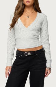 EDIKTED Janine Pointelle V-Neck Crop Sweater